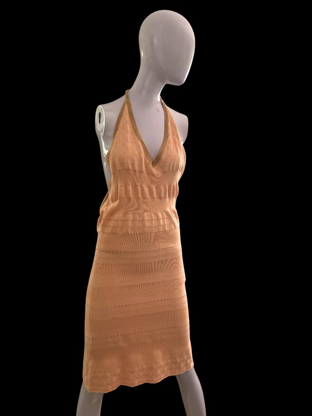 Earthbound Trading Co. peach pointelle crochet halter mini dress with tan trim